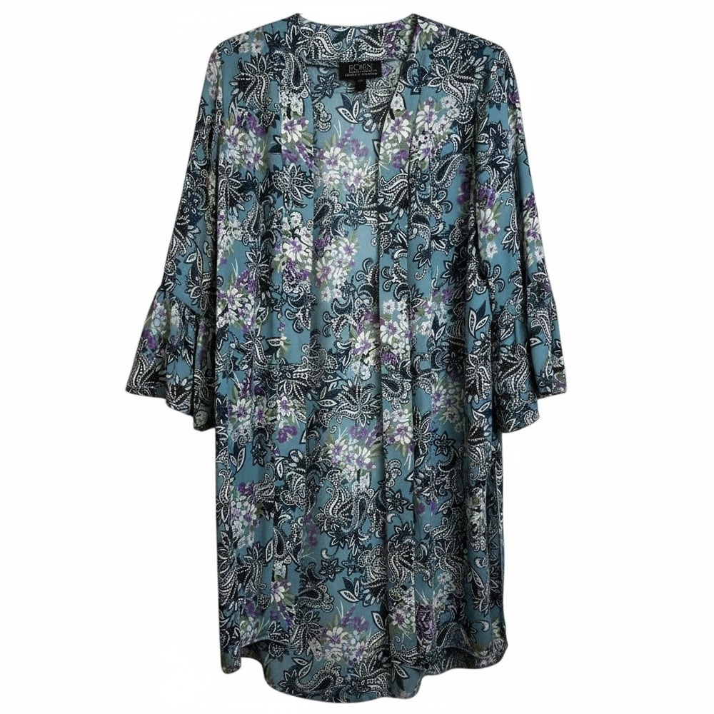 ROBIN‎ Artizan Blue Floral Paisley Bell Sleeve Kimono Jacket Size S/P Beach